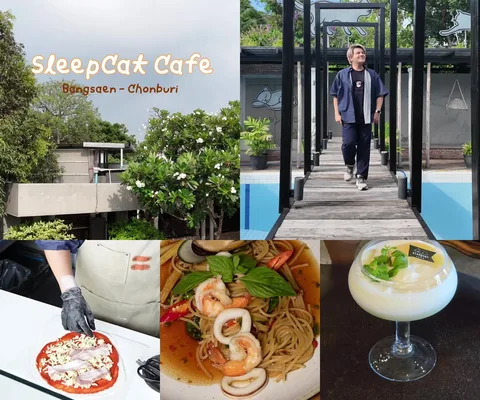 ภาพรีวิว Sleepcat Cafe • ชลบุรี — คาเฟ่สไตล์วินเทจพร้อมกิจกรรมทำพิซซ่าโฮมเมด