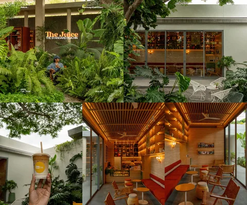ภาพรีวิว The Juice Café • The Standard Hua Hin — คาเฟ่กลางสวนพร้อมเครื่องดื่มและบรรยากาศยามค่ำ