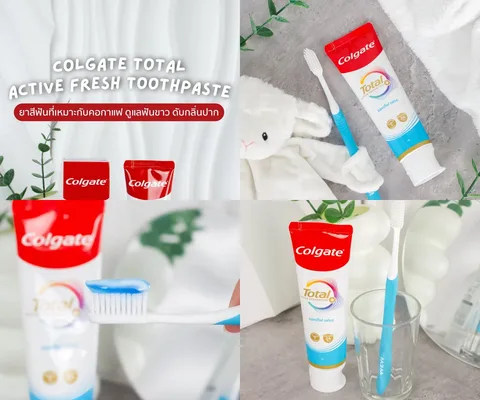 ภาพรีวิว Colgate Total Active Fresh — ยาสีฟันแพ็กเกจโทนฟ้าแดงในบริบทของคนดื่มกาแฟ