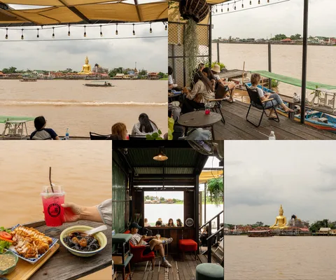 ภาพรีวิว คาเฟ่บ้านเฮีย • เกาะเกร็ด — คาเฟ่บ้านไม้ริมน้ำพร้อมวิวพระใหญ่วัดบางจาก