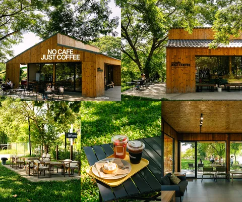 ภาพรีวิว No Café Just Coffee • อยุธยา — คาเฟ่บ้านไม้และพื้นที่นั่งในสวนย่านอุทัย