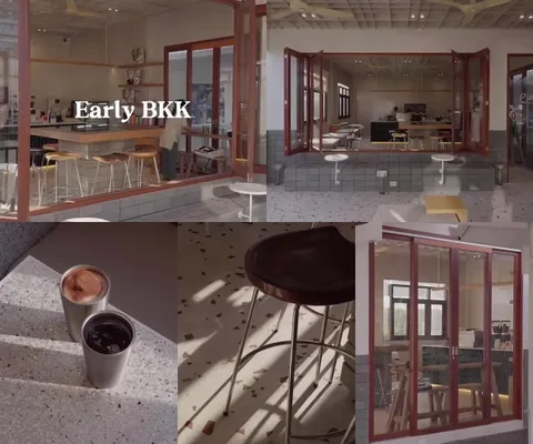 ภาพรีวิว Early BKK • รามอินทรา — คาเฟ่กรอบกระจกสีแดงและเคาน์เตอร์หินขัดในย่านรามอินทรา