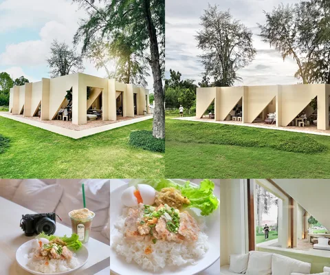 ภาพรีวิว SON Cafe and Brunch — คาเฟ่และร้านอาหารในระยอง กับอาคารเรขาคณิตท่ามกลางสนามหญ้า