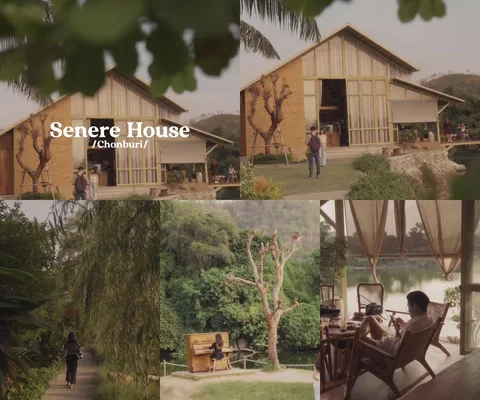 ภาพรีวิว Serene House Cafe • ชลบุรี — คาเฟ่ริมน้ำกับอาคารโทนน้ำตาลและพื้นที่สีเขียว