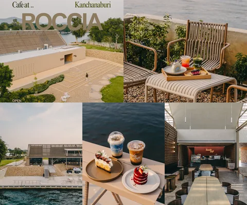 ภาพรีวิว Roccia Cafe • กาญจนบุรี — คาเฟ่ริมแม่น้ำแควกับมุมนั่งชมวิวภูเขาและสะพาน