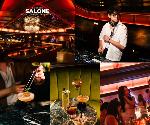 ภาพรีวิว SALONE DI VITA • เอกมัย — คลับบาร์โทนแดงกับโคมระย้าและเคาน์เตอร์ค็อกเทล